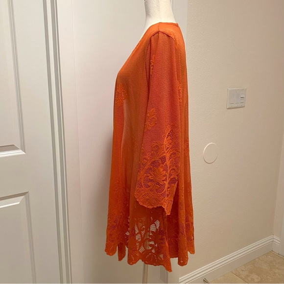 Paper + Tee Sheer Mesh Kimono Open Front Scalloped Embroidered Lace Orange 1X - Picture 3 of 12